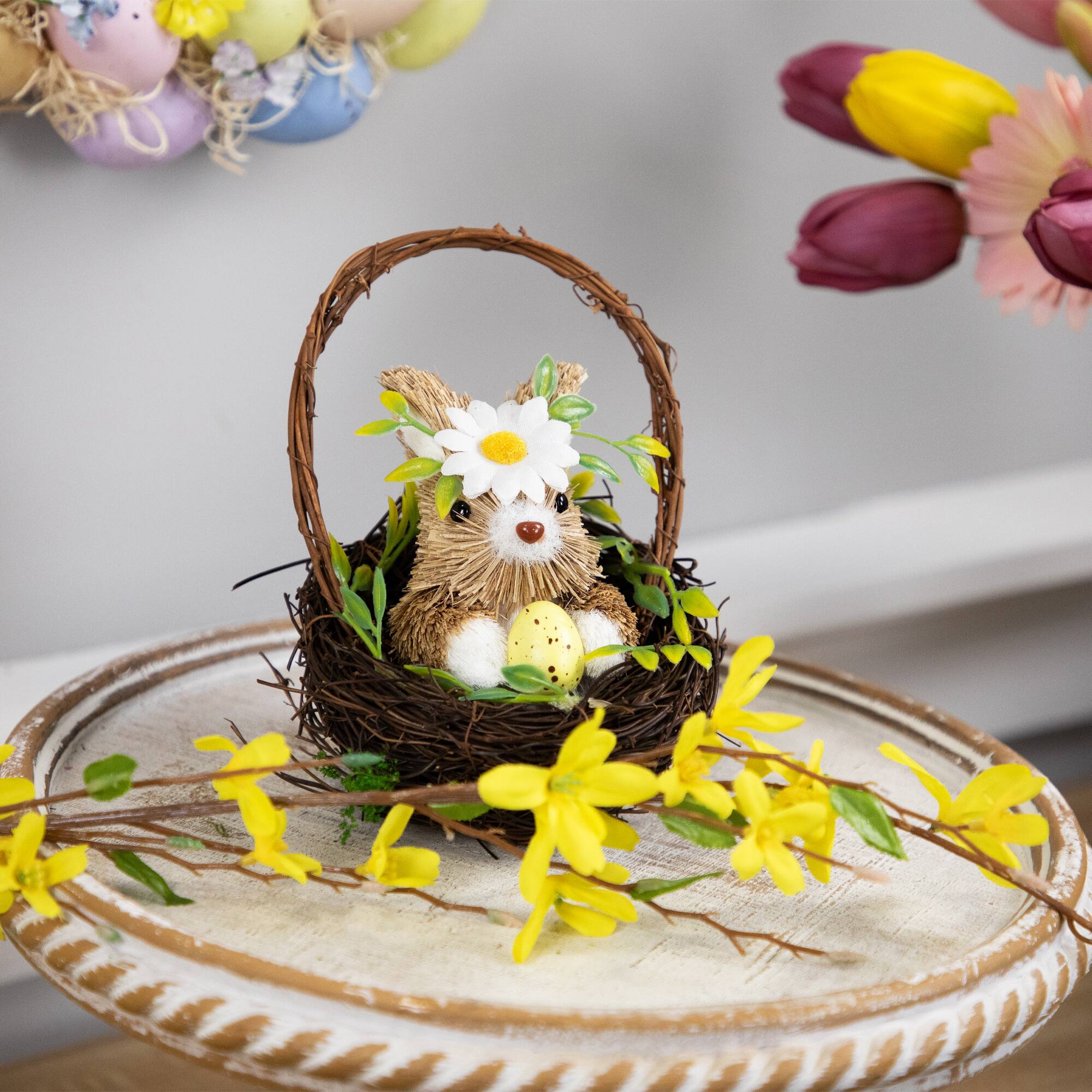 7" Easter Rabbit with Twig Basket Accent